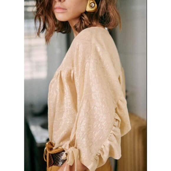 Sezane Womens 4 US Metallic Button Up Blouse 3/4 Ruched Sleeve Shirt Top - Picture 4 of 13